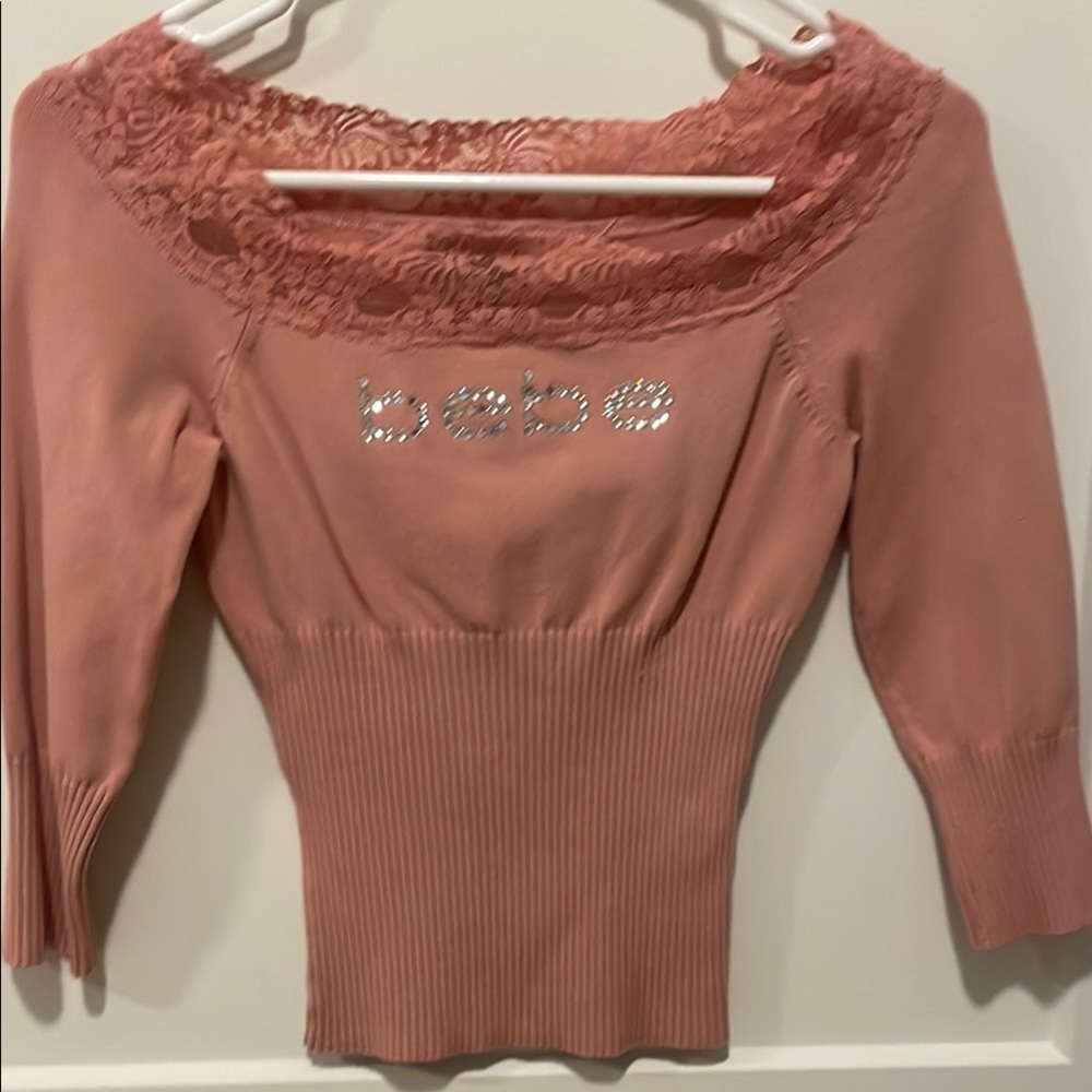 bebe Pink Lace-Trim Rhinestone Logo Top